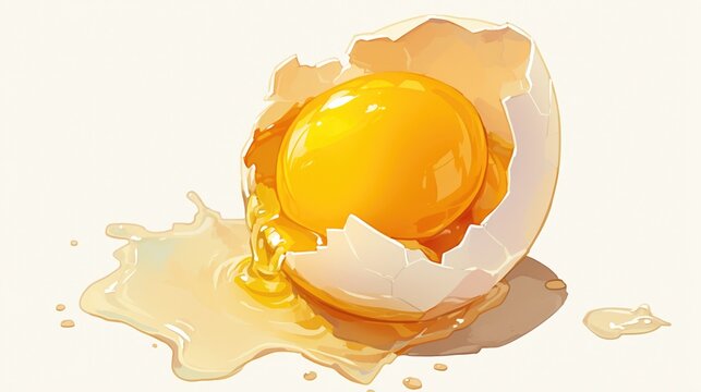 A cracked egg with its golden yolk spilling out against a pristine white backdrop portrayed through 2d art