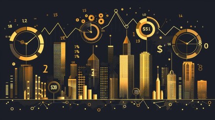 Wall Mural - A capital city with gold buildings There are graphs related to business, 