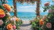 A beautiful wedding arch decorated with flowers on the beach.
