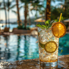 Wall Mural - 
Refreshing cocktail near swimming pool, close up. 