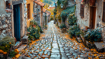 Wall Mural - Atmospheric backdrop: cobblestone streets in the old town