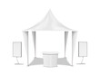 Tradeshow set template. White gazebo canopy tent, video TV LCD display stands, exhibition table. Vector mock-up. Trade show booth mockup kit
