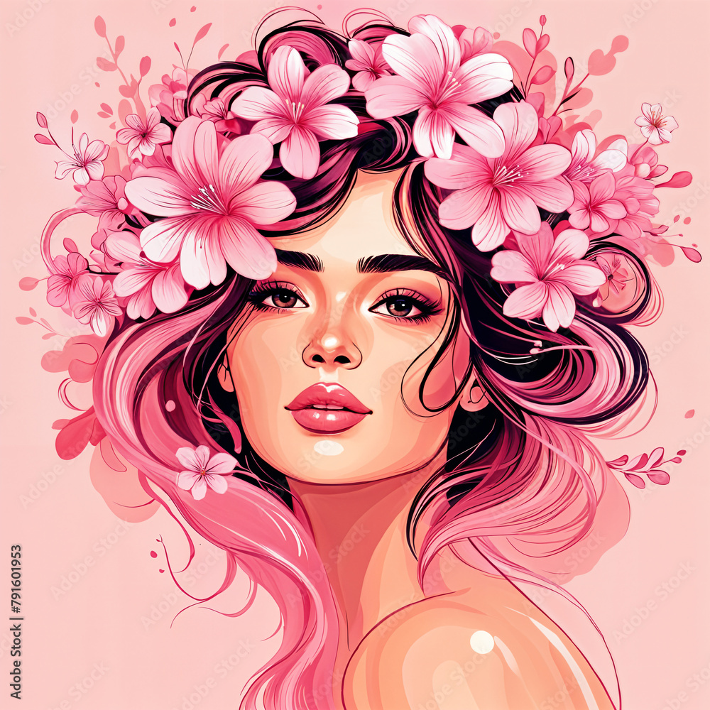 A woman with long hair, wearing pink flowers on her head and shoulders ...