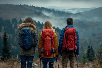 Wall Mural - Happy family friends hiking journey mountains backpack friend group nature love joy trek hike trekking sports adult children freedom vacation relaxation relaxed holiday experience walking exploring