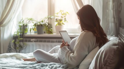 Poster - Woman Sitting on Bed Using Laptop Computer