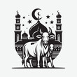 Eid Ul Adha Cow in front of mosque black & white vector,
