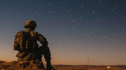 Wall Mural - The loneliness of a soldier on night watch  AI generated illustration
