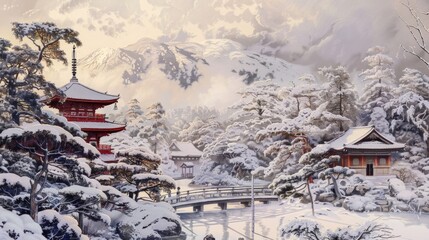 Poster - Snowy landscape with bridge and pagoda