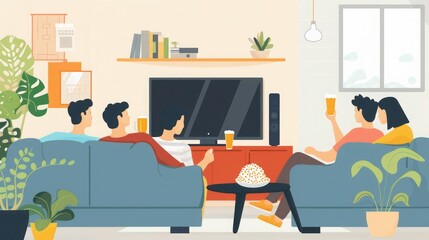 Wall Mural - Relax, television and friends on a sofa with beer and popcorn for movie, film or streaming in their home. Group of people, watching tv and smile in living room together with entertainment on weekend 