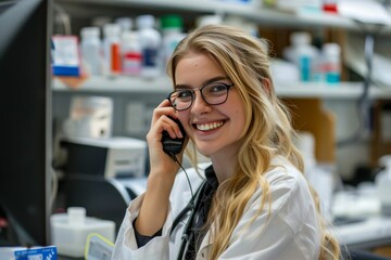 medicine, technology and healthcare concept - female doctor or nurse calling on phone at hospital. Beautiful simple AI generated image in 4K, unique.