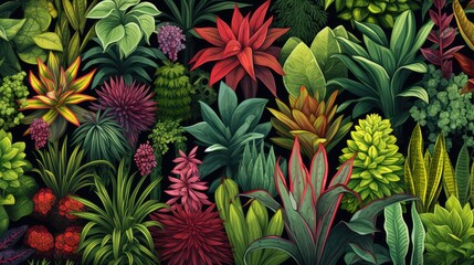  Various types of Spring Young plants in the garden Green Background Digital art illustration