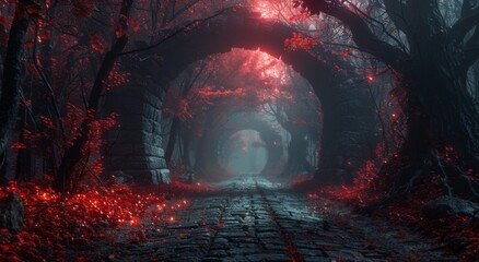 dark red forest with trees, fog and mysterious mysterious forest. 3 d illustration.