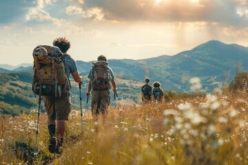 Wall Mural - Happy family friends hiking journey mountains backpack friend group nature love joy trek hike trekking sports adult children freedom vacation relaxation relaxed holiday experience walking exploring