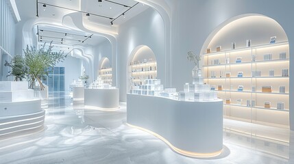 Poster - Concept store, front view, curved white space, product display stand with acrylic cubes placed on it. Generative AI.