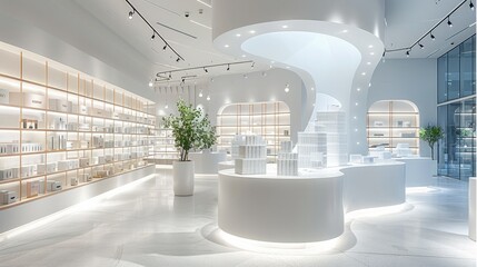 Poster - Concept store, front view, curved white space, product display stand with acrylic cubes placed on it. Generative AI.