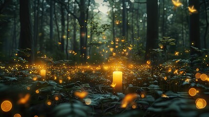 Poster - A fireflies at forest. Generative AI.