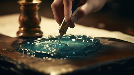 A close-up of a fountain pen being dipped into an inkwell, capturing the timeless ritual of writing by hand