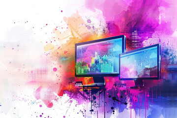 Poster - A pair of computer monitors are placed on top of a desk in a room