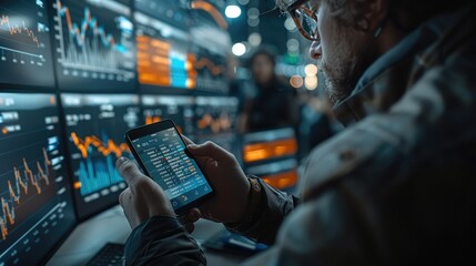 Poster - A person using a smartphone app to control his investments accounts and money flow to control his enterprises. Generative AI.
