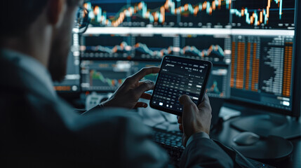 Poster - A person using a smartphone app to control his investments accounts and money flow to control his enterprises. Generative AI.