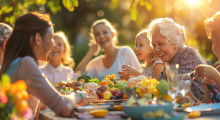 Wall Mural - A group of happy elderly women and children were having lunch in the garden, smiling at each other as they shared food at an outdoor table with sunlight shining through the trees