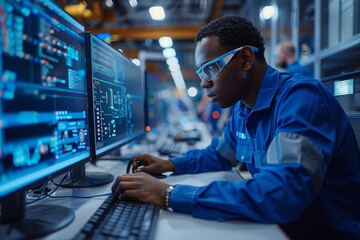 Poster - An African-American professional intensely focused, using multiple screen setups in a modern office