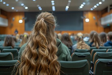 Wall Mural - Photo from behind of a student with long curly hair sitting in a lecture hall