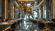 A very fashionable restaurant on the top hotel, featuring a luxurious, futuristic sculptures, metal frames and LED lights, prehistoric animal models made of stainless steel parts. Generative AI.