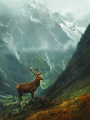 Poster - AI generated illustration of a deer on a snowy mountaintop with more mountains in the background