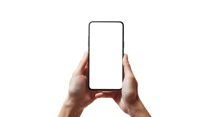 Hand holding a smartphone with empty screen isolated on transparent background