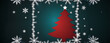 Red fir tree is Christmas tree with white star, frost and snowflakes, abstract background