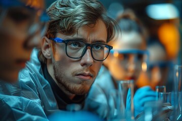 Poster - Intense male researcher with glasses analyzing samples in a modern blue-toned laboratory