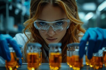 Poster - Focused scientist with protective goggles studies liquid samples in vials at a scientific research lab