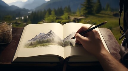 Wall Mural - A fountain pen sketching the outline of a majestic mountain range in a traveler's journal, capturing the beauty of nature