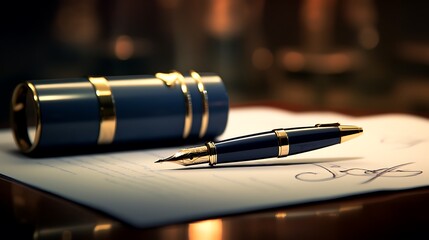 Wall Mural - A high-definition image of a fountain pen leaving its mark on a contract, symbolizing the significance of executive decisions in business