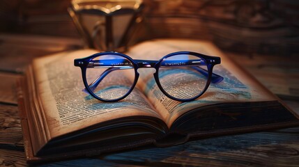 Wall Mural - Black frame anti-glare glasses with blue light blocking technology set against a brown, textured book wooden background.