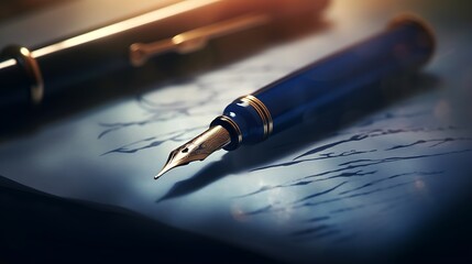 Wall Mural - A mesmerizing close-up of a sleek fountain pen inscribing a signature on a document, conveying the gravity of strategic business choices