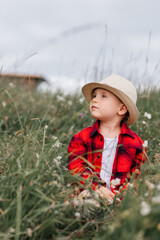 Wall Mural - boy of two years old in a hat and red shirt in a field