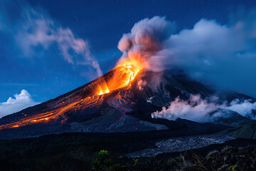 Generative ai on theme of erupting volcano with cascading hot lava surrounded thick white smoke