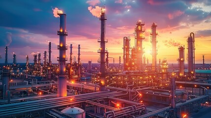 Fototapete - Oil refinery against a colorful sunset sky. Highlight the industrial structures and their impact on the environment. Generative AI.