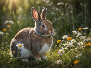 Wall Mural - Amidst field of daisies, rabbit sits, bathed in warm glow of sunlight filtering through foliage. Soft fur, alert ears, gentle eyes of rabbit highlighted by natural lighting, creating serene.