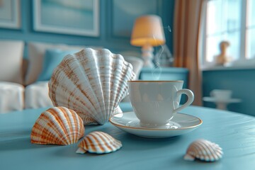 Wall Mural - the warm steaming cup of coffee with gentle morning in the beach scene background professional photography