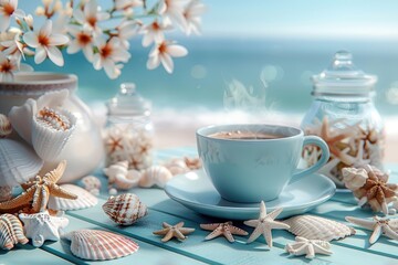 Wall Mural - the warm steaming cup of coffee with gentle morning in the beach scene background professional photography