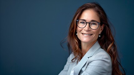 Poster - Friendly professional woman smiling in business attire. Confident female with glasses against a blue background. Ideal for corporate profiles. AI