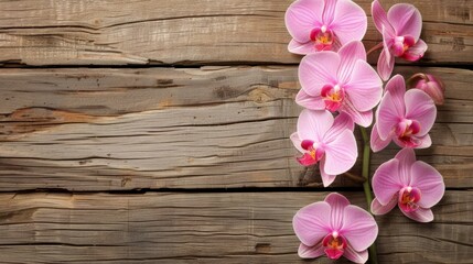 Wall Mural - Pink orchids on wooden backdrop with text space