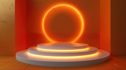 Aufkleber - 3d render podium background with white circle light ring on orange background, minimal showcase scene for product presentation or mock up stage. Generative AI.