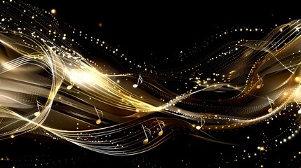 Wall Mural - abstract golden waves with sparkling particles on a black background. elegant digital design for cre