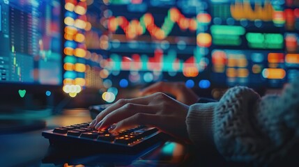 Fototapete - A closeup of hands typing on a keyboard with stock market charts and graphs in the background, working in an office. A businessman woman using a computer for financial online trading. Generative AI.
