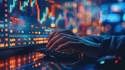 Fototapete - A closeup of hands typing on a keyboard with stock market charts and graphs in the background, working in an office. A businessman woman using a computer for financial online trading. Generative AI.