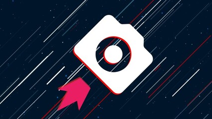 Poster - photo camera symbol flies through the universe on a jet propulsion. the symbol in the center is shak